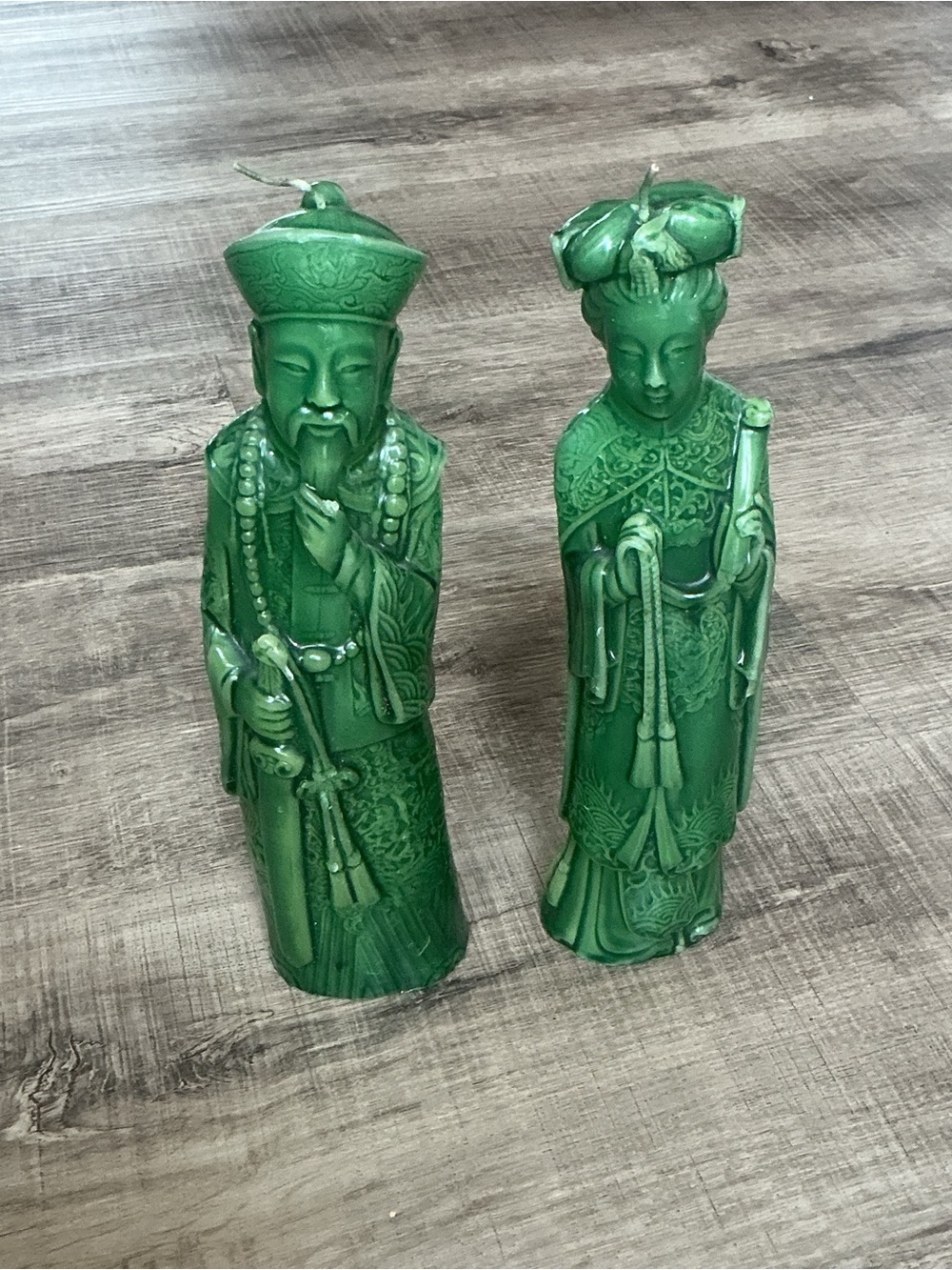 Vintage Wax Candles Chinese Emperor Empress Pair Green 9 Inch Decor Unique